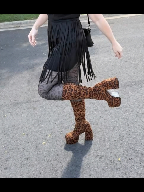 Shoes - Leopard Print Platform Knee-High Boots - Brown